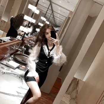 

Real shot 2019 new fashion women's retro stitching temperament banquet party dress