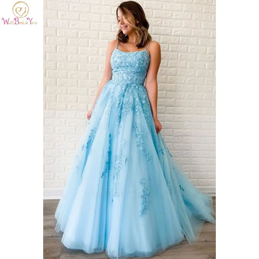 

Elegant Evening Dresses 2020 Blue Yellow Spaghetti Strap Strapless Backless Applique Lace A Line Prom Dresses Sleeveless Prom