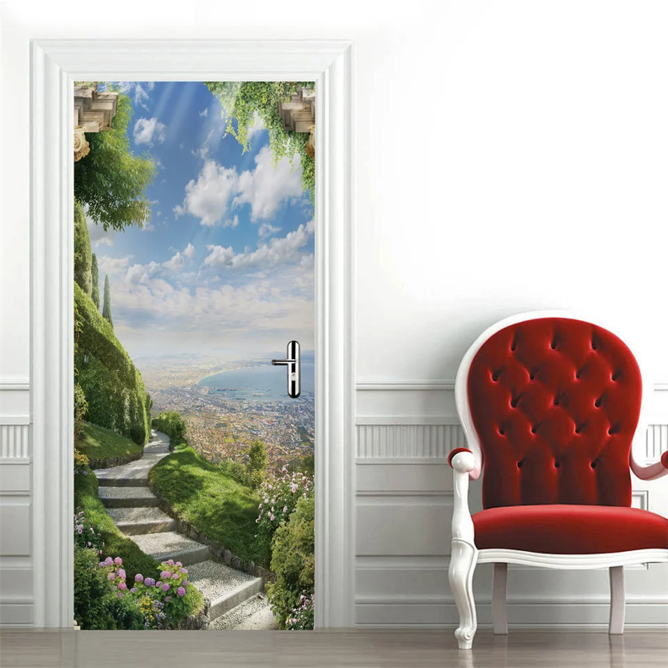 Adesivo Murale 3D Per Porte Interne - Effetto Paesaggio Forestale Verde - Poster Adesivo In PVC Impermeabile Per Camera Da Letto