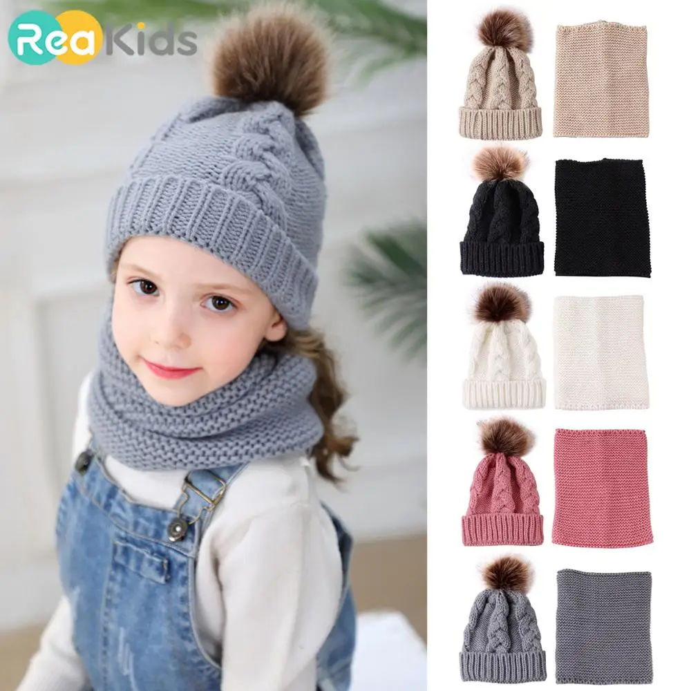REAKIDS/детская зимняя теплая шапка, шарф, костюм для девочек и мальчиков, милая детская зимняя вязаная шапочка из хлопка, комплекты с шарфом