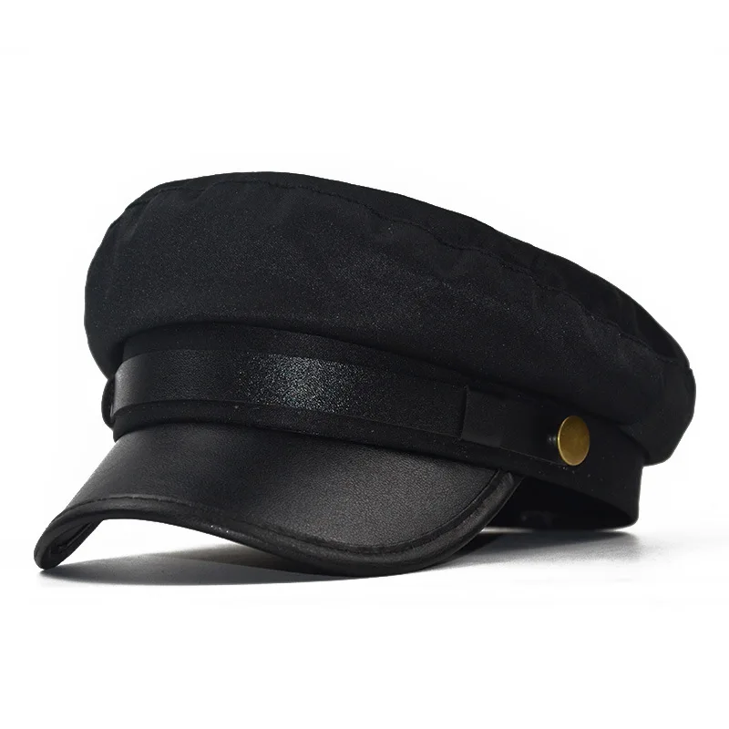 

Women's hat PU leather flat top beret child cotton versatile breathable duck tongue octagon hat women's British leather buckle