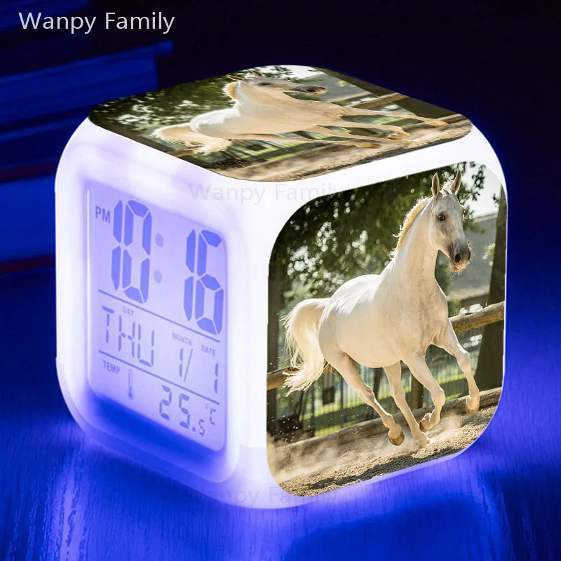 

White Horse Alarm Clock 7 Color Glowing Multifunctio LED Alarm Clock Big screen Touch Sensing Digital Flash Watches Clock