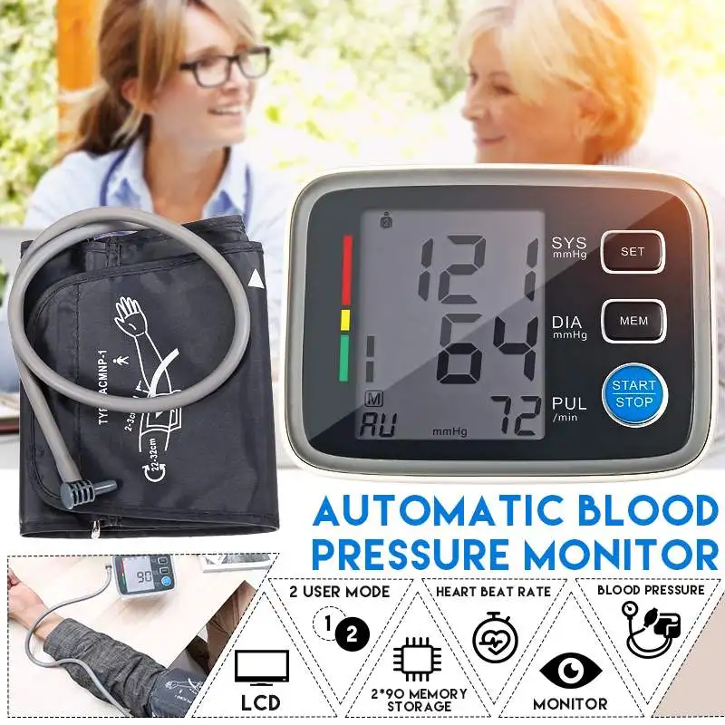 Günstige Professional Automatische Digital Arm Blutdruck Monitor Große Hintergrundbeleuchtung LCD Display Herz Schlagen Meter Blutdruckmessgeräte Maschine