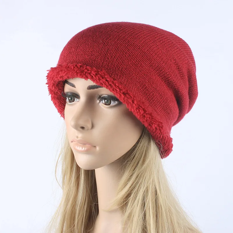 M075 Pure Red LJCUIYAO осенняя и зимняя шапка для мужчин и женщин кашемировая шапка бини для спорта на открытом воздухе хлопок Повседневная одноцветная двухслойная теплая вязаная шапка - Цвет: M075 Pure Red