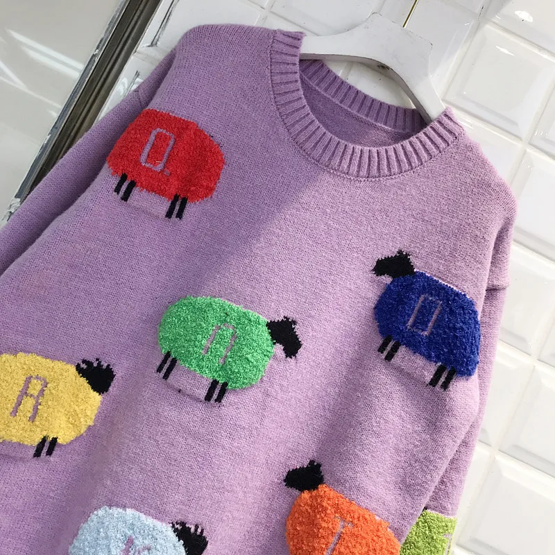 Neploe/ осенне-зимний винтажный Свободный вязаный пуловер с круглым вырезом и длинными рукавами, пуловер с овцой, толстый свитер с 3D рисунком