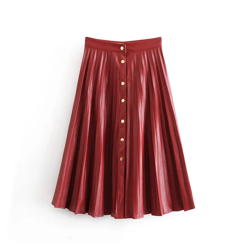 Зимние бордовые юбки из искусственной кожи, женские плиссированные юбки с высокой талией и пуговицами, элегантные женские европейские уличные юбки - Цвет: wine red