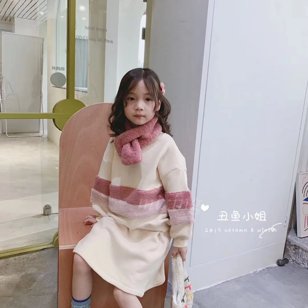Осень-зима, бархатный пуловер для девочек, костюм с юбкой, комплект из двух предметов с воротником-шарфом для девочек