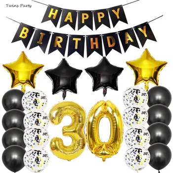 

Twins 30th 40th 50th 60th irthday Decorations Kit Happy Black Gold Confetti Balloon Birthday Banner For Birthday Party Supplies