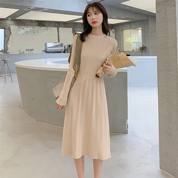 

Winter Sweater Dress Women Long Sleeve Elastic Midi Pleated Dress Korean Fashion Elegant Knitted Dresses Robe Femme Vestidos