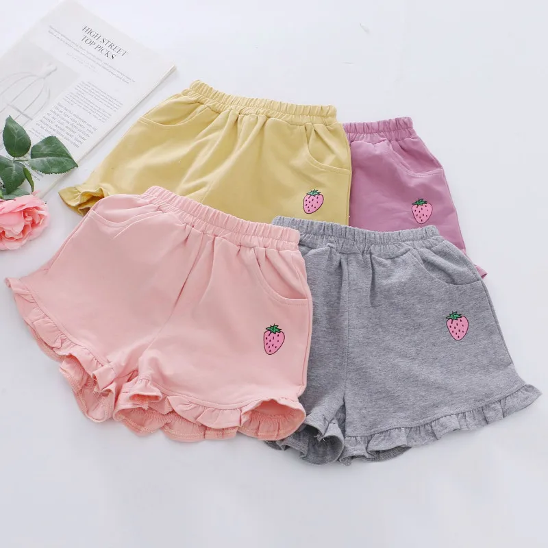 

2020 Summer New 4Pcs Color Girls Pants Strawberry Print Ruffled Girl Pure Color Pants Children Pure Cotton Shorts 3 - 8Y