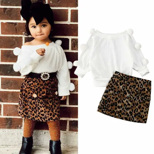 

2-7Y Toddler Baby Girl Kids Clothes Sets Long Sleeve Pullover Sweater Wool Ball Tops Leopard Print Skirt