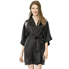 Женский ночной халат, ночная рубашка, шелковое тонкое платье для сна, однотонное, европейский стиль, широкая сосновая шнуровка, вышивка, короткий параграф, одежда