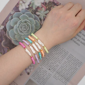 

GO2BOHO Bracelet Women Heishi Beads Bracelets Newest Fresh Water Pearl Jewelry Chain Polymer Disc Beads Handmade Bijoux Femme