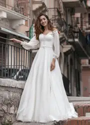 Applique Mermaid Wedding Dresses Lace Chiffon Long Sleeve Backless Sweep Train Bridal Gown With Removable Jacket And Skirt