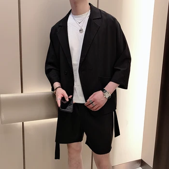 

Khaki/Black Korean Summer Loose Men Suit Sets Fashion Streetwear Half Sleeve Blazer Jacket+Shorts All Match Thin Men Short Sets