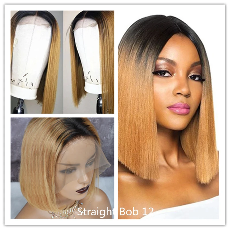 

1B 27 Ombre Straight Short Bob Lace Front Human Hair Wigs 13x6 HD Transparent Lace Frontal PrePlucked 150 Density With Baby Hair
