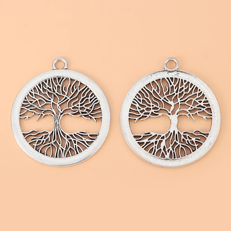 10pcs/Lot Large Life Tree Round Tibetan Silver Charms Pendants Hollow Open for Necklace Jewelry Making Accessories