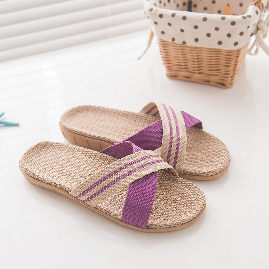 Женские модные тапочки; нескользящие льняные домашние туфли на плоской подошве с открытым носком; пляжные шлепанцы; модные#114