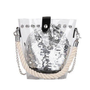 

2020 Fashion Trend Women Ladies New Sequined Shinny Top-Handle Bags Unqiue Design PVC Clear Composite Handbags Tote