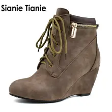 Sianie Tianie/ г.; женские туфли-лодочки на танкетке; сезон зима-осень; цвет темно-серый; женская обувь на шнуровке; женские ботильоны на молнии; большие размеры 46