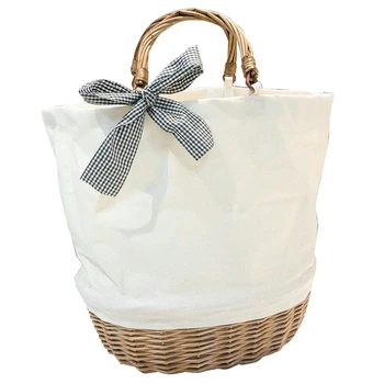 

Women Casual Straw Canvas Stitching Bag Rattan Portable Canvas Bag Woven Shopping Bag