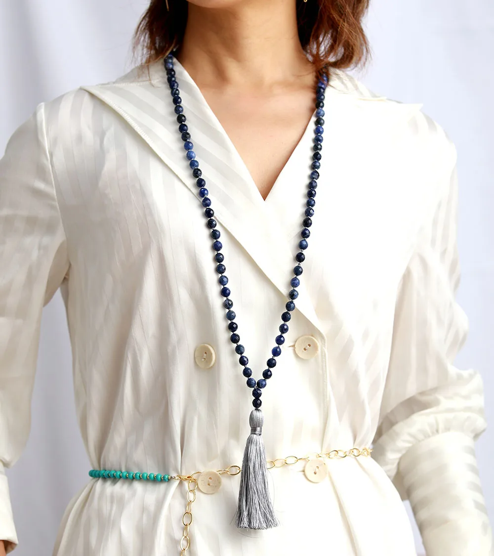 Meditation Necklace 8MM Natural Faceted Sodalite Soft Tassel Necklace Women Lariat 108 Beads Mala Necklace Dropshipping - Image 3