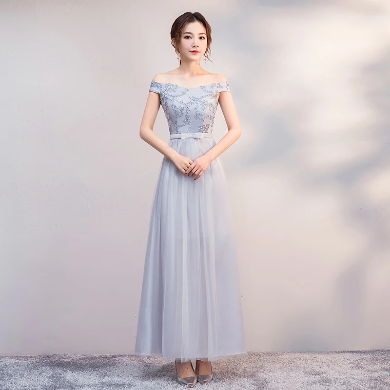 D long gray Вырез лодочкой, для подружки невесты; платье с длинным рукавов Vestido Azul Марино элегантное платье Для женщин для Свадебная вечеринка длинное платье простого покроя пикантные Выходные туфли на выпускной - Цвет: D long gray