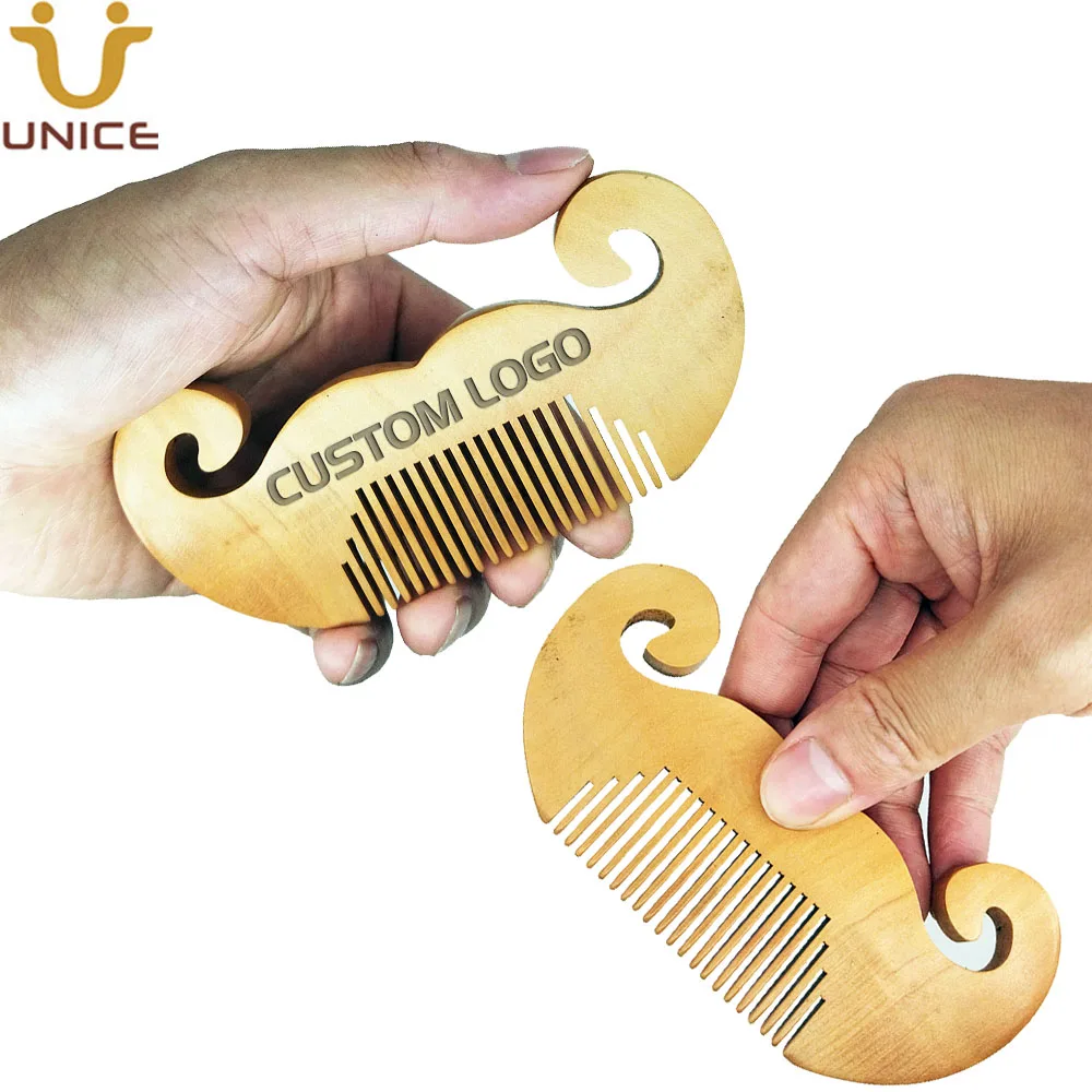 MOQ 100 PCS Customized LOGO Mini Mustache Shaped Wooden Beard Combs Anti Static Fine Tooth for Mens Hair Grooming