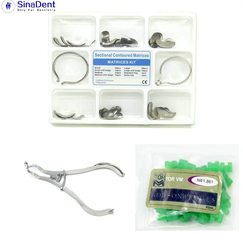 Dental 100Pcs Full Kit Dental Matrix Sectional Contoured Matrices 40 Pcs Silicone Add On Wedges for 1