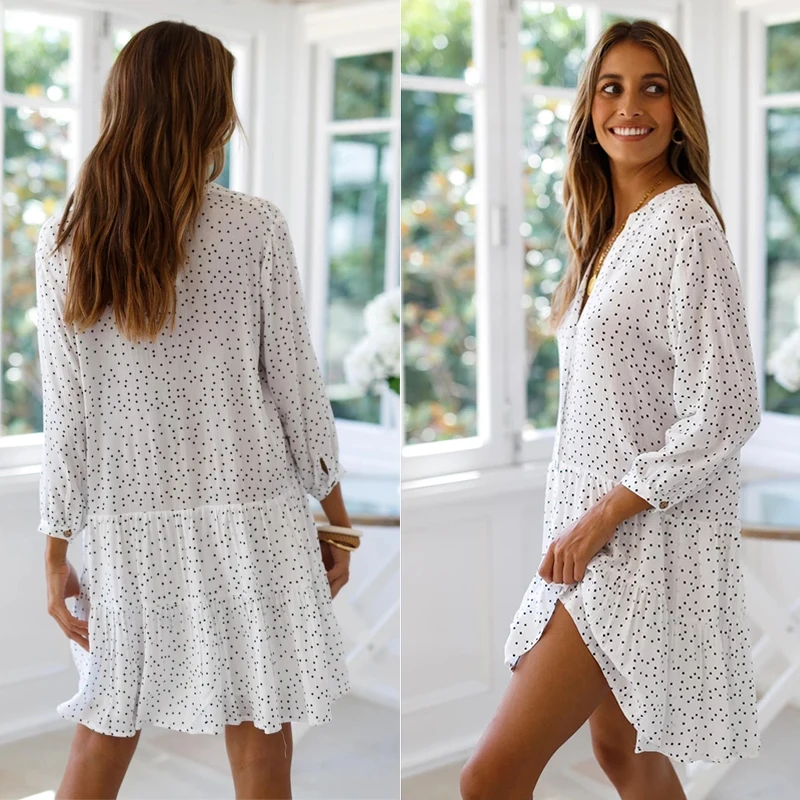 Женское летнее платье Boho свободное короткое в горошек с рукавом три четверти
