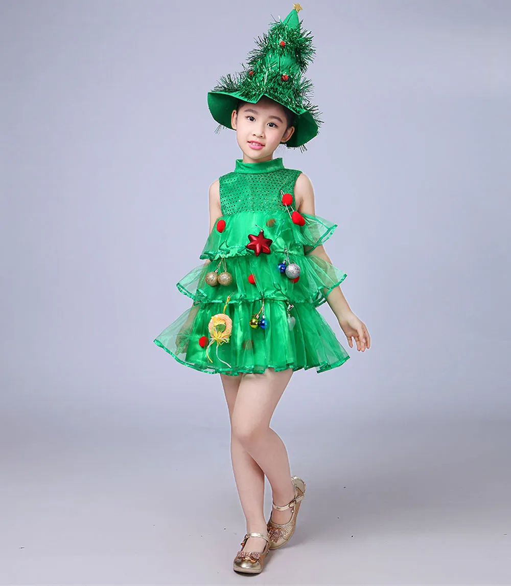 Симпатичное платье, наряды для маленьких девочек, модная Рождественская елка для костюма, платье, топы, вечерние, жилет+ шляпа, костюмы из полиэстера