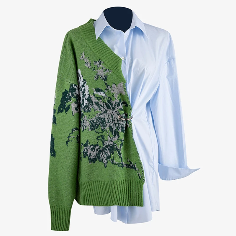 VGH Printed Hit Color Shirt For Women Lapel Long