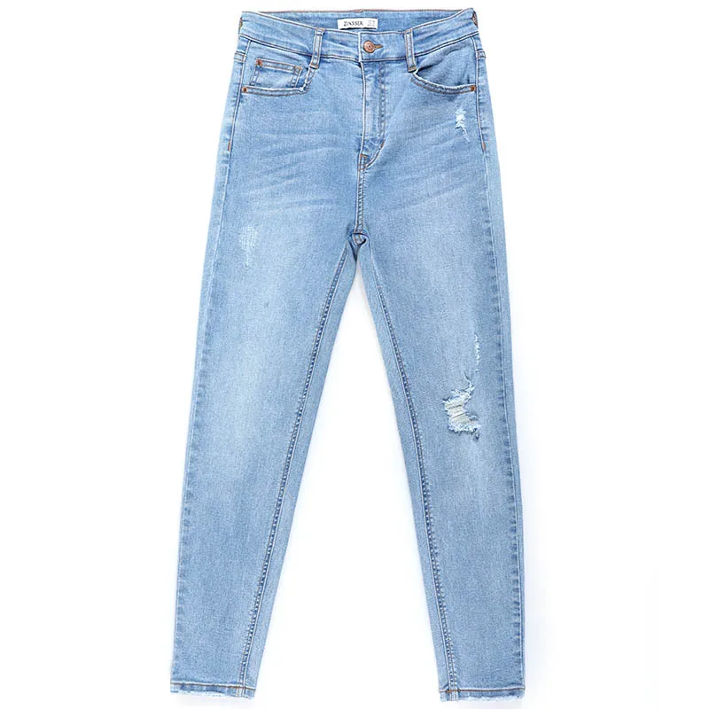 Autumn Winter Women Denim Skinny Pant Stretch High Waist Washed Blue Destroy/Rips Slim Elastic Lady Jeans - Цвет: Light Blue