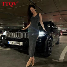 

TTQV Sexy Sleeveless Slit Party Dresses Ladies Summer Bodycon Black Midi Dress 2022 Fashion Slim Club Glitter Dress Woman