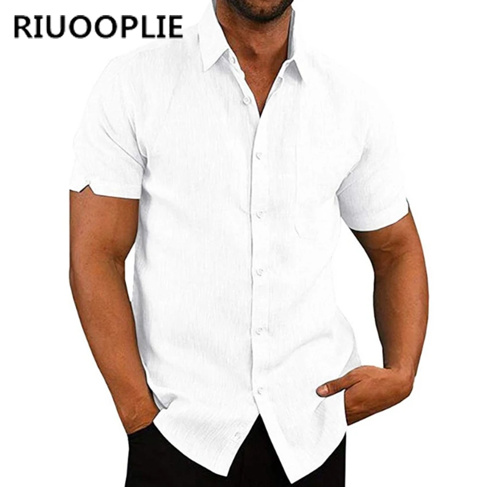 RIUOOPLIE, новинка, модные мужские летние однотонные рубашки с коротким рукавом, Свободная Повседневная блузка, Мягкий Топ, хлопковые удобные дышащие рубашки