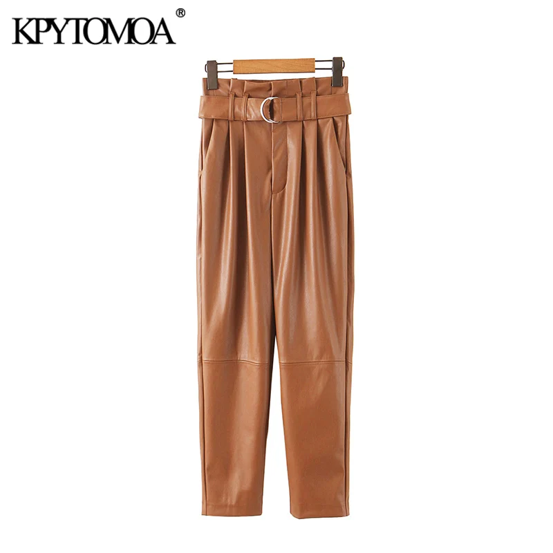 Ceny Vintage stylowy PU Faux Leather z pasek do spodni kobiet 2020 moda Paperbag wysokiej talii kieszenie kobiece spodnie do kostki Pantalones