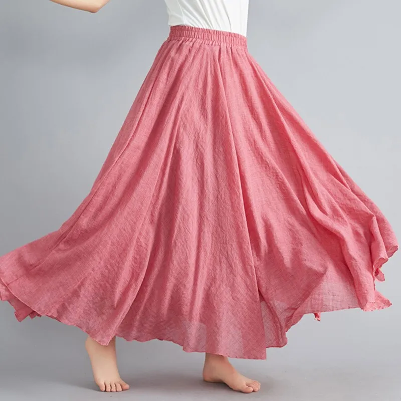 light red Spring Autumn Summer Linen Skirts Pleated Satin Long Skirt High Elastic Waist Wear Linen Pleuche Big Hem A-line Long Skirts - Цвет: light red