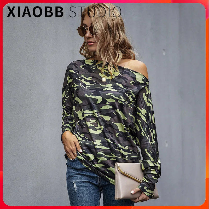 

Womens Off-shoulder T-shirts Fashion Camouflage Knit Loose Bottoming Shirt Fall Winter Long Sleeve Casual Women T-shirt Tops