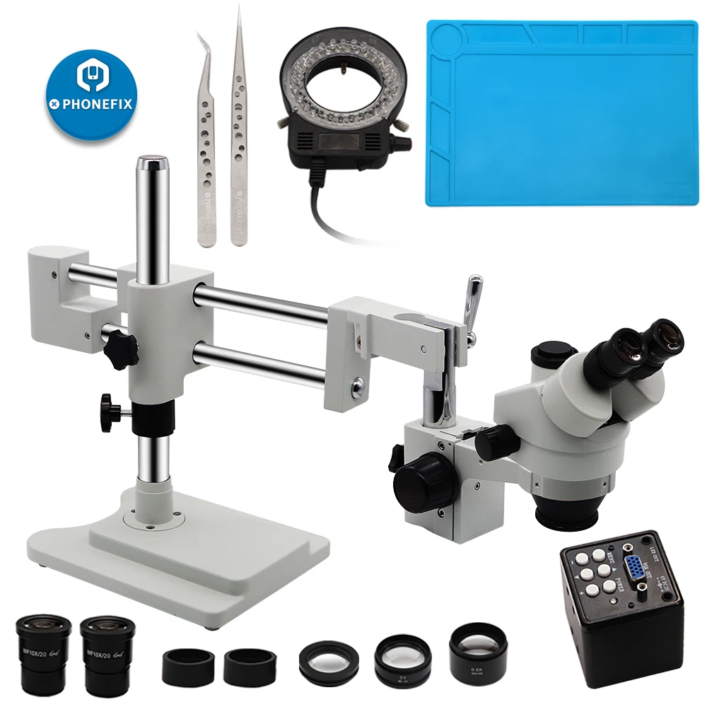  PHONEFIX 3.5~90X Simul-focal Trinocular Zoom Microscope on Double Arm Boom Stand with 14/16/21HDMI 