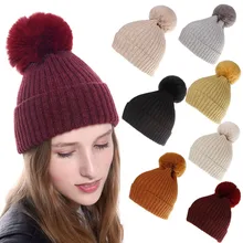Меховая шапка с помпоном, зимние детские шляпы, Skullies Beanies, Детские теплые шапки, эластичные вязаные шапки, женские меховые шапки с помпонами для девочек и девушек