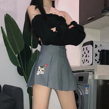 

ZCWXM Harejuku Student Mini Skirts High Waist Cartoon Embroidery Vintage Faldas 2020 Summer All Match Skrits Short Women New