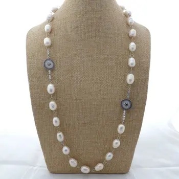 

30" 11x15MM White Rice Pearl Long Necklace CZ Pave connector