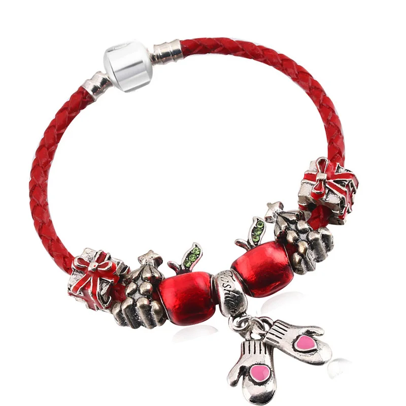 Рождественские ювелирные изделия браслеты с Санта Клаусом бусины рождественская елка кожаная цепочка тонкие браслеты для женщин подарок для детей - Окраска металла: Red 012