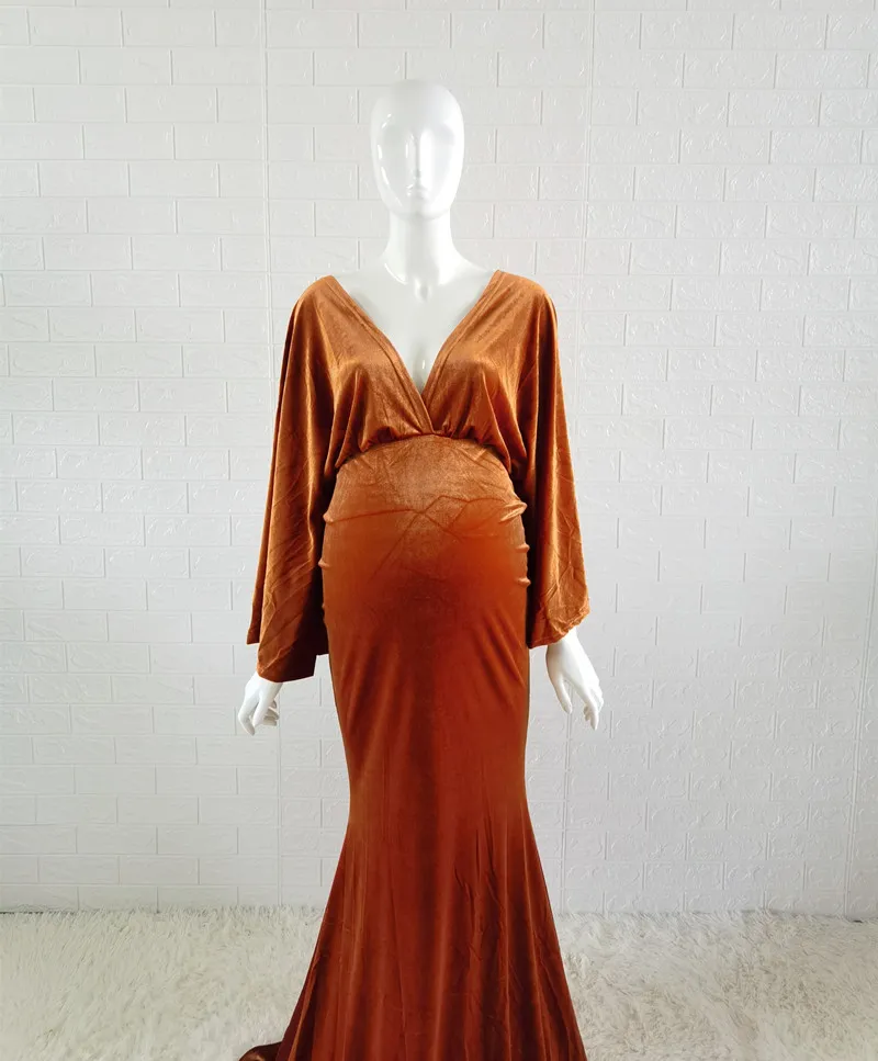 2021 Winter Velvet Boho Maternity Long Dress For Photo Shoot Bohemian Maternity Velvet Photography Body-con Dress V-neck 4