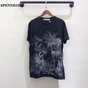

SPENNEOOY Designer Custom Runway Women Fashion Summer Cotton Tees Short Sleeve Coconut Tree Printed Streetwear Vogue T-Shirt