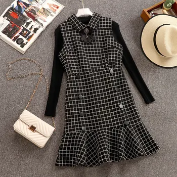 

Small Fragrance Plaid Tweed Dress 2019 Autumn Winter Women's Sleeveless Turn-Down Collar Bow Diamonds Vest Ruffles Mermaid Dress