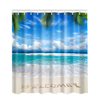 

Shower Curtain Sea Beach Seascape Picture Print Bathroom Set Fabric Blue Sand White Shower Curtain