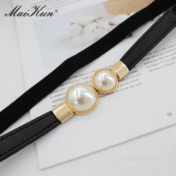 

Maikun Women Dress Fashion Pearl Pair Buckle Eastic Thin Belt All-Match Elastic Faux Leather Ladies Waistband Decoration
