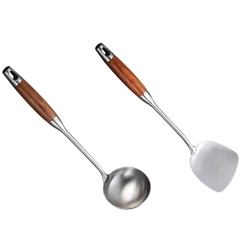 

304 Stainless Steel Cooking Wok Tools with Long Wooden Handle Heat Resistant,Silver
