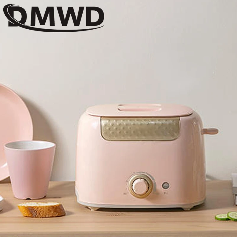 DMWD Household Toaster With 2 Slices Slot Automatic Warm Multifunctional Breakfast Bread baking Machine 680W Toast Maker EU US - Color: Pink